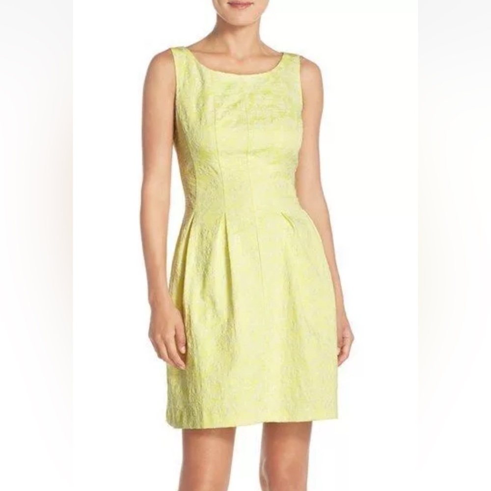 Just Taylor Women's 8 Textured Floral Jacquard Pleated Fit’n Flare Dress Yellow